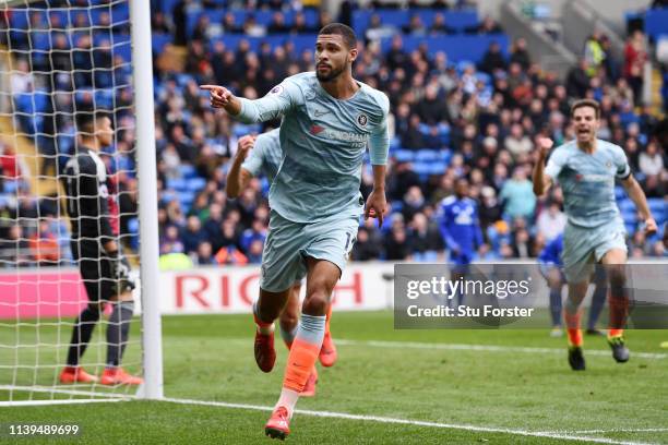 Ruben Loftus-Cheek of Chelsea celebrates after he scores his sides second goal during the Premier League match between Cardiff City and Chelsea FC at...