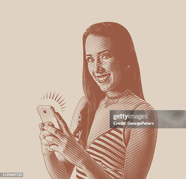 cheerful young woman using phone - holding game controller stock illustrations