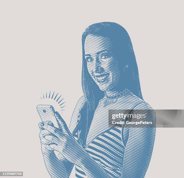 cheerful young woman using phone - online dating stock illustrations