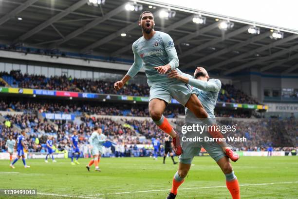 Ruben Loftus-Cheek of Chelsea celebrates with Olivier Giroud of Chelsea after he scores his sides second goal during the Premier League match between...