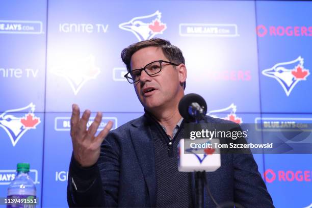 General manager Ross Atkins of the Toronto Blue Jays speaks to the media before introducing Vladimir Guerrero Jr. #27 before his MLB debut later...