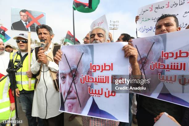 Libyans, some wearing yellow vests, protest against Khalifa Haftar, who commands forces loyal to Libyas eastern government and launches campaign to...