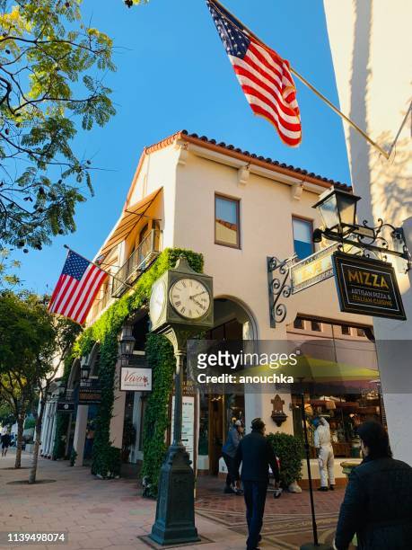 santa barbara downtown with small shops and people walking, usa - american flag small stock pictures, royalty-free photos & images