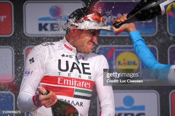 Podium / Alexander Kristoff of Norway and UAE Team Emirates / Oliver Naesen of Belgium and Team AG2R La Mondiale / Celebration / Champagne / during...