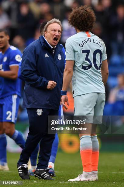 Neil Warnock, Manager of Cardiff City shouts at David Luiz of Chelsea the Premier League match between Cardiff City and Chelsea FC at Cardiff City...