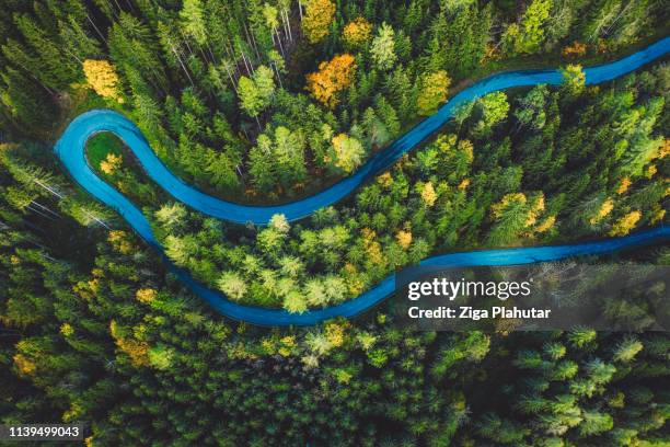 aerial view of a rural mountain landscape with a curvy road - slovenia stock pictures, royalty-free photos & images