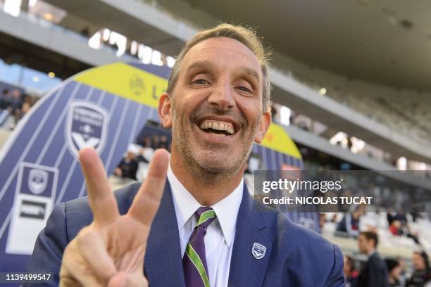 Bordeaux's American owner Joe DaGrosa gestures prior to the French L1 football match between Bordeaux and Lyon on April 26, 2019 at the Matmut...