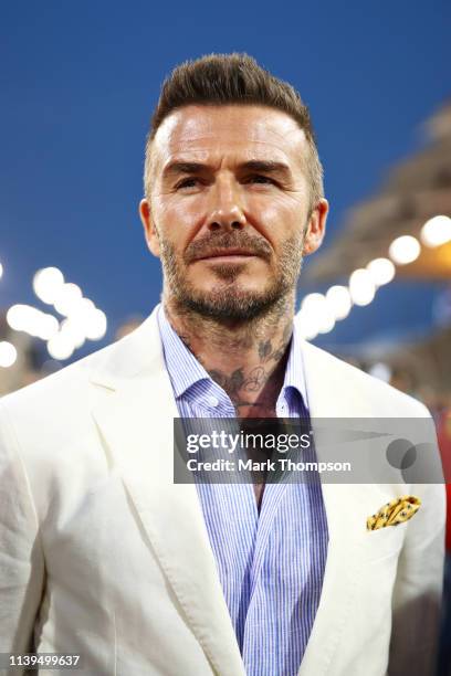 David Beckham looks on, on the grid during the F1 Grand Prix of Bahrain at Bahrain International Circuit on March 31, 2019 in Bahrain, Bahrain.