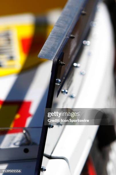 The rear deck spoiler of Joey Logano, Team Penske, Ford Mustang MoneyLion during practice for the GEICO 500 on Friday April 26, 2019 at Talladega...