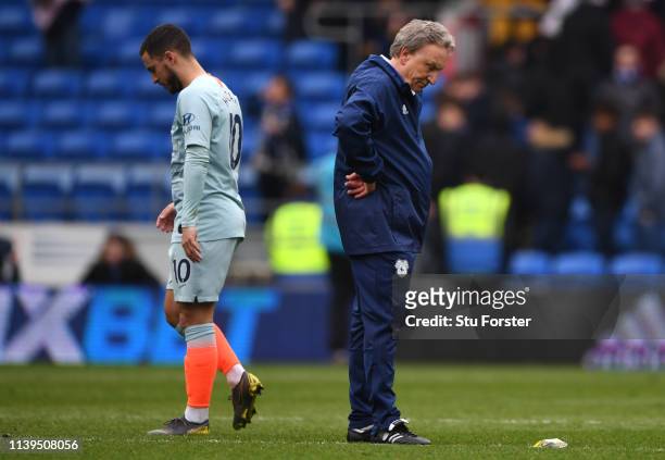 Cardiff manager Neil Warnock reacts as Eden Hazard walks off the pitch after the Premier League match between Cardiff City and Chelsea FC at Cardiff...