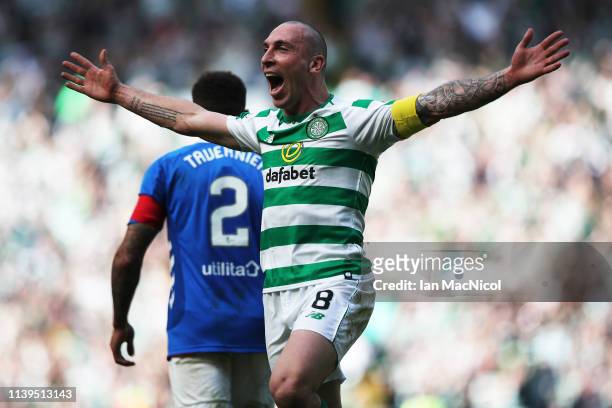 Celtic captain Scott Brown reacts during The Ladbrokes Scottish Premier League match between Celtic and Rangers at Celtic Park on March 31, 2019 in...