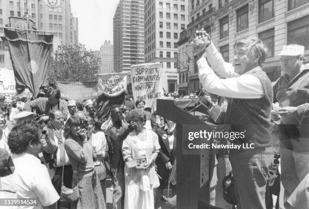 New York City, June 4, 1986: United Farm Workers founder and social justice activist Cesar Chavez at a rally in Herald Square, New York, to promote...