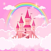 Castle of princess. Fantasy flying palace in pink magic clouds. Fairytale royal medieval heaven palace. Cartoon vector illustration