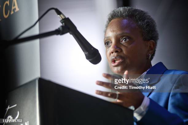 Chicago Mayor-Elect Lori Lightfoot attends the Hamilton: The Exhibition world premiere at Northerly Island on April 26, 2019 in Chicago, Illinois.