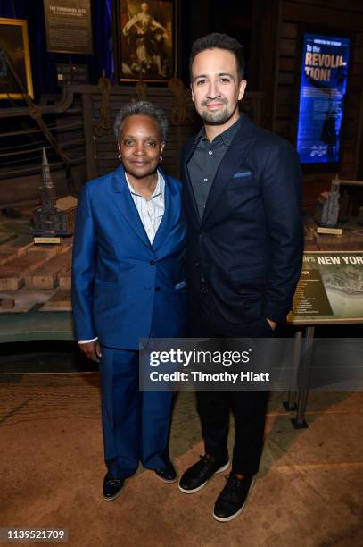 Chicago Mayor-Elect Lori Lightfoot and Lin-Manuel Miranda attend the HAMILTON: THE EXHIBITION WORLD PREMIERE at Northerly Island on April 26, 2019 in...