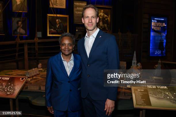 Chicago Mayor-Elect Lori Lightfoot and David Korins attend the HAMILTON: THE EXHIBITION WORLD PREMIERE at Northerly Island on April 26, 2019 in...