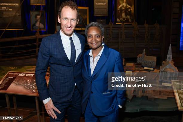 Jeffrey Seller and Chicago Mayor-Elect Lori Lightfoot attend the HAMILTON: THE EXHIBITION WORLD PREMIERE at Northerly Island on April 26, 2019 in...