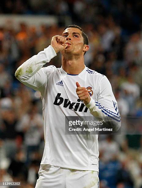Cristiano Ronaldo of Real Madrid celebrates after scoring his side fourth goal during the La Liga match between Real Madrid and Getafe at Estadio...