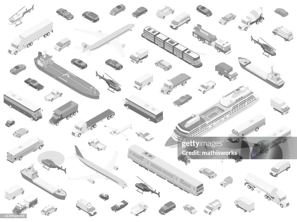 Isometric vehicle icons grayscale