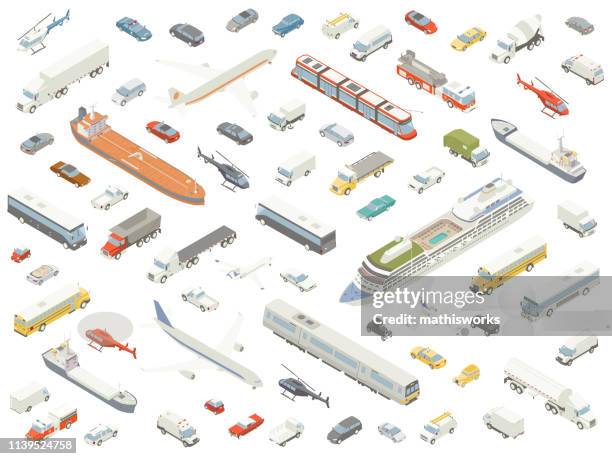 isometric vehicle icons subtle color - bus isometric stock illustrations