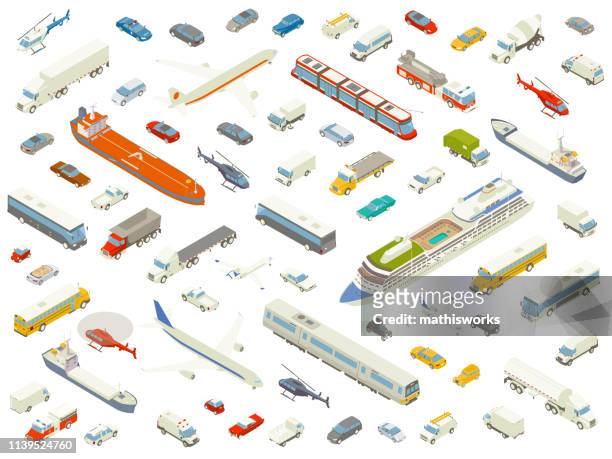 isometric vehicle icons bold color - ship stock illustrations