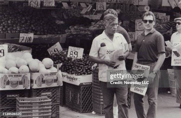 Cesar Chavez, United Farm Workers leader, leads protestors who demanded a boycott of table grapes sprayed with pesticides in front of the Westside...