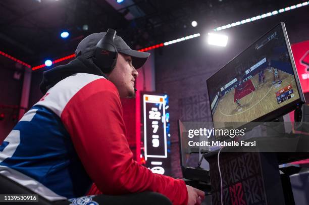 MrStylez of Pistons Gaming Team plays during the game against Knicks Gaming on April 25, 2019 at the NBA2K League Studio in Long Island City, New...