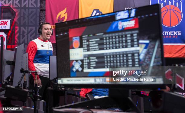 JosephTheTruth of Pistons Gaming Team reacts to a play during the game against Knicks Gaming on April 25, 2019 at the NBA2K League Studio in Long...