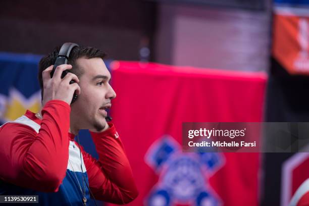 JosephTheTruth of Pistons Gaming Team reacts to a play during the game against Knicks Gaming on April 25, 2019 at the NBA2K League Studio in Long...