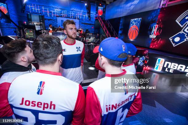 Jaacko of Pistons Gaming Team looks on during a huddle during the game against Knicks Gaming on April 25, 2019 at the NBA2K League Studio in Long...