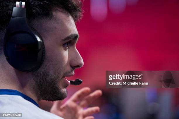 Of Knicks Gaming speaks with teammates during the game against Pistons Gaming Team on April 25, 2019 at the NBA2K League Studio in Long Island City,...