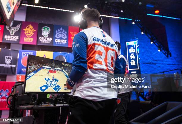 Of Knicks Gaming reacts to a play during the game against Pistons Gaming Team on April 25, 2019 at the NBA2K League Studio in Long Island City, New...