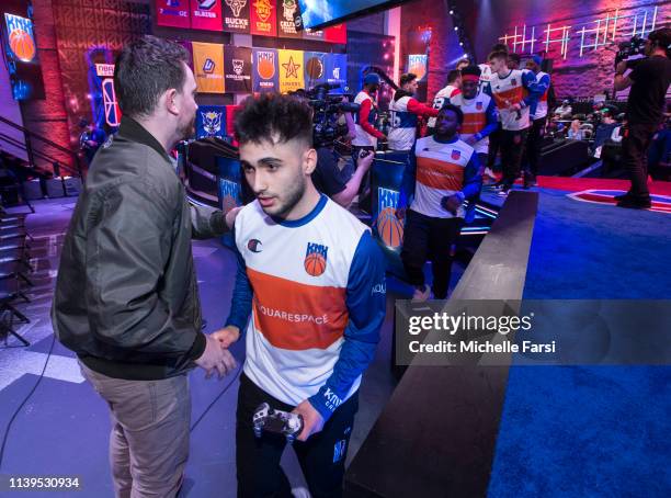 Of Knicks Gaming exits the studio after the game against Pistons Gaming Team on April 25, 2019 at the NBA2K League Studio in Long Island City, New...