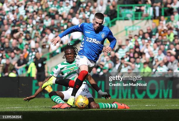 Ryan Kent of Rangers evades Dedryck Boyata of Celtic on his way to scoring during The Ladbrokes Scottish Premier League match between Celtic and...