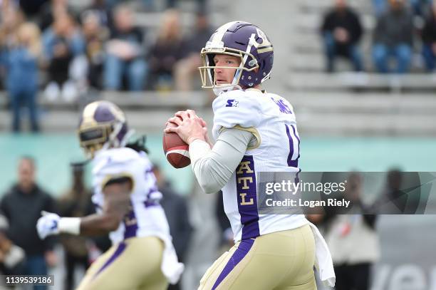 Matt Simms of the Atlanta Legends looks to make a pass during the first half of the Alliance of American Football game against the Birmingham Iron at...