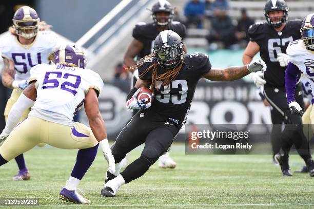 Trent Richardson of the Birmingham Iron runs the ball against the Atlanta Legends during the first half of the Alliance of American Football game at...