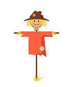 Happy smiling scarecrow character. Vector flat cartoon graphic design banner poster concept