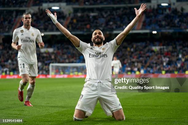 Karim Benzema of Real Madrid celebrates the goal victory during the La Liga match between Real Madrid CF and SD Huesca at Estadio Santiago Bernabeu...