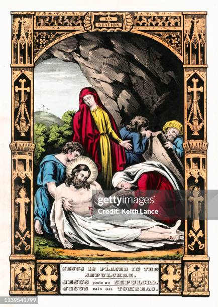 jesus christ is placed in the tomb - stations of the cross pictures stock illustrations