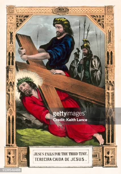 jesus christ falls for a third time - stations of the cross stock illustrations