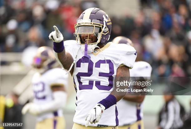 Desmond Lawrence of the Atlanta Legends reacts after a big play against the Birmingham Iron during the first half of the Alliance of American...