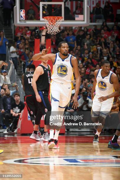 Kevin Durant of the Golden State Warriors reacts to a play against the LA Clippers during Game Six of Round One of the 2019 NBA Playoffs on April 26,...