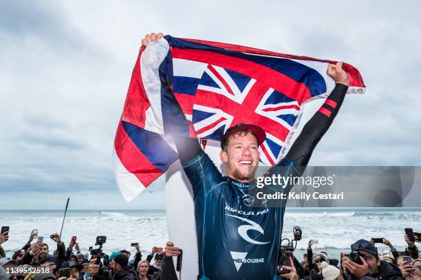 Two-time world champion John John Florence of Hawaii wins the 2019 Rip Curl Pro Bells Beach after winning the final at Bells Beach on April 27, 2019...