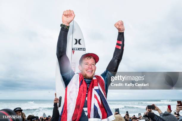 Two-time world champion John John Florence of Hawaii wins the 2019 Rip Curl Pro Bells Beach after winning the final at Bells Beach on April 27, 2019...