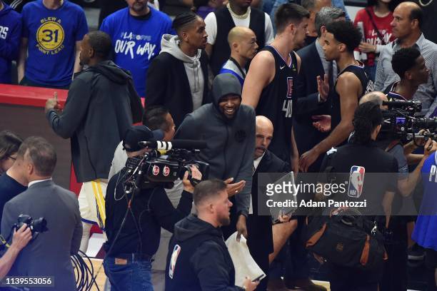 Kevin Durant of the Golden State Warriors smiles against the LA Clippers after Game Six of Round One of the 2019 NBA Playoffs on April 26, 2019 at...