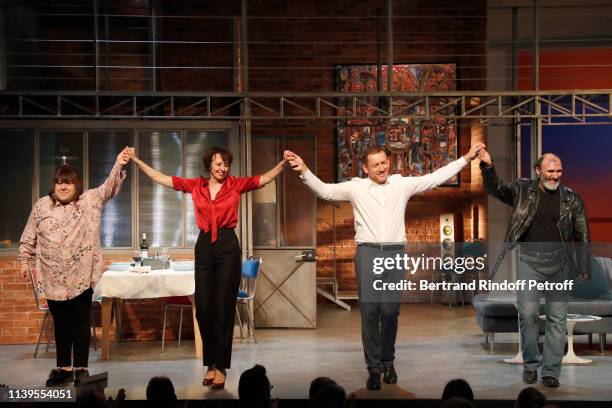 Actor Maria Rodriguez, Actress Valerie Bonneton, Dany Boon and Jorge Calvo perform during "Huit Euro de l'Heure" Theater Play at Theatre Antoine on...