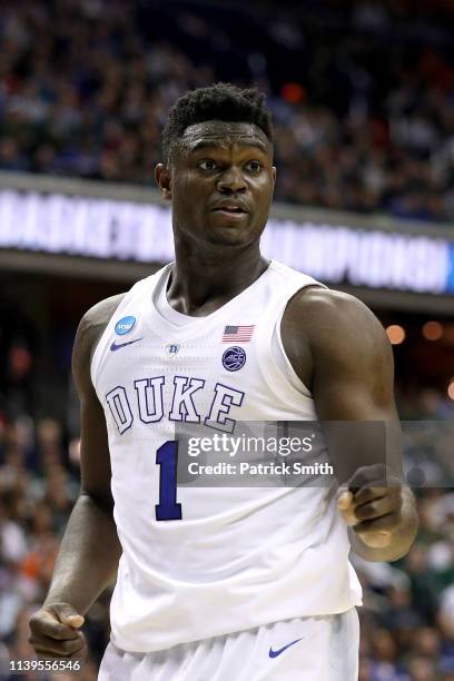 Zion Williamson of the Duke Blue Devils reacts against the Michigan State Spartans during the second half in the East Regional game of the 2019 NCAA...