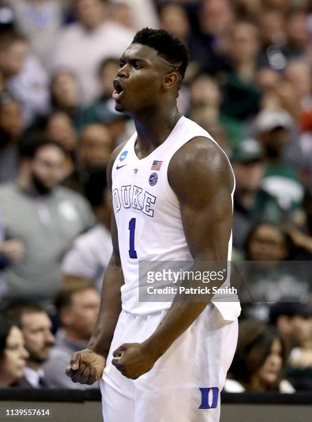 Zion Williamson of the Duke Blue Devils reacts against the Michigan State Spartans during the second half in the East Regional game of the 2019 NCAA...
