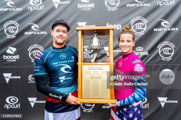 Two-time world champion John John Florence of Hawaii and Courtney Conlogue of the USA win the 2019 Rip Curl Pro Bells Beach after winning the final...