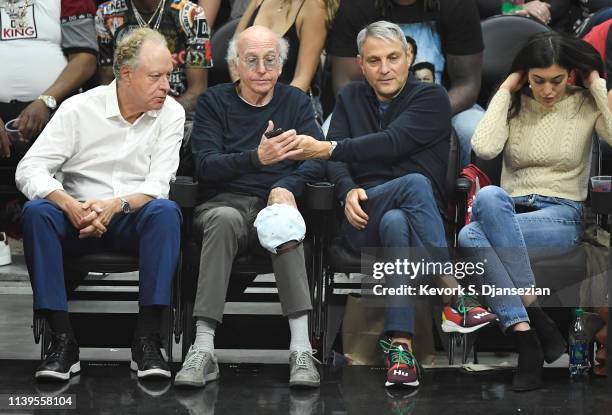 Comedian Larry David and talent agent Ari Emanuel , co-CEO of William Morris Endeavor, attends the basketball game between Los Angeles Clippers and...